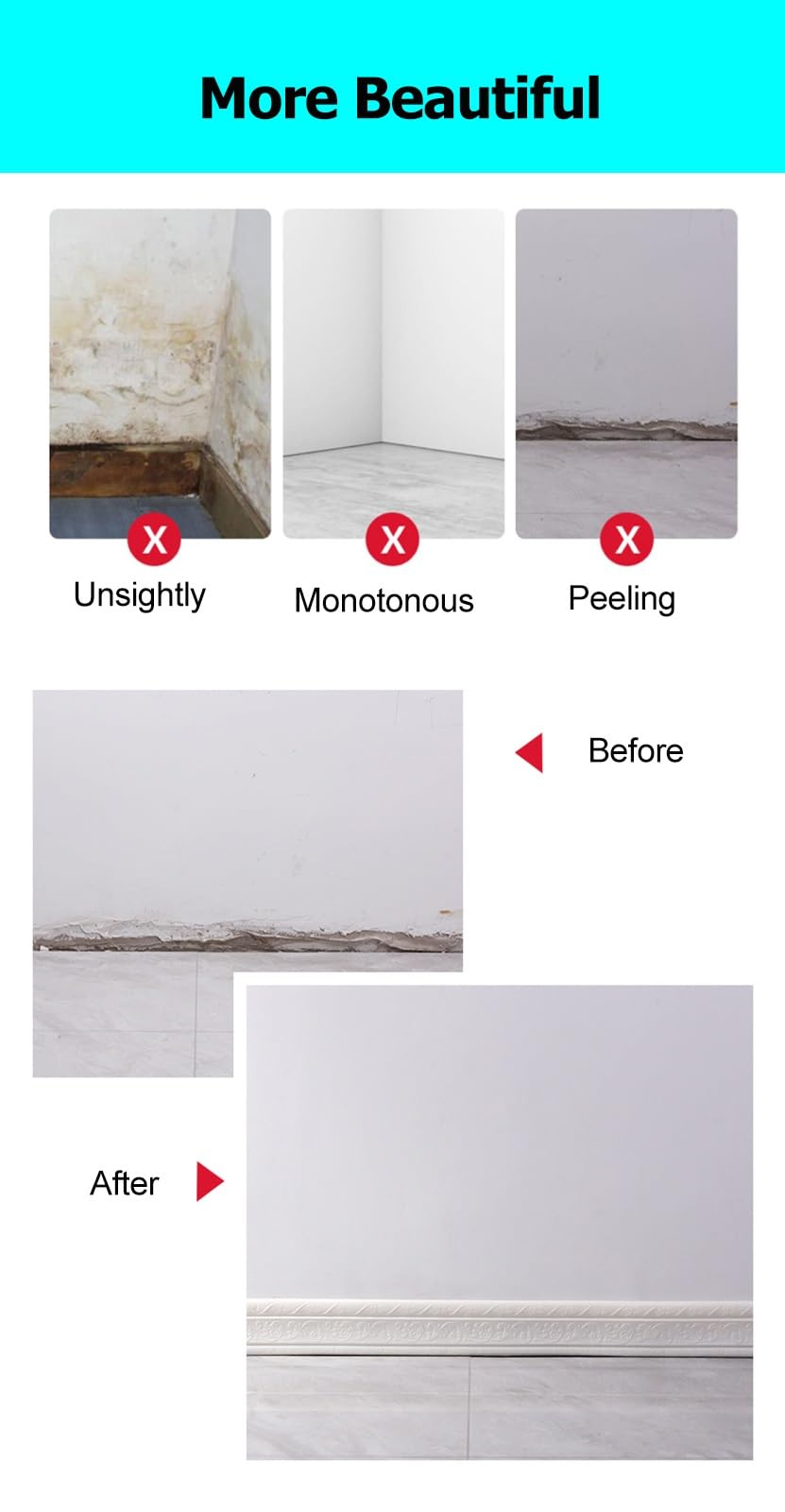 Battiscopa 10 pezzi 7,5 piedi di lunghezza per modanatura per battiscopa per la casa, impermeabile autoadesiva per modanatura per base a parete in PVC per cornice fotografica girovita(Pink)