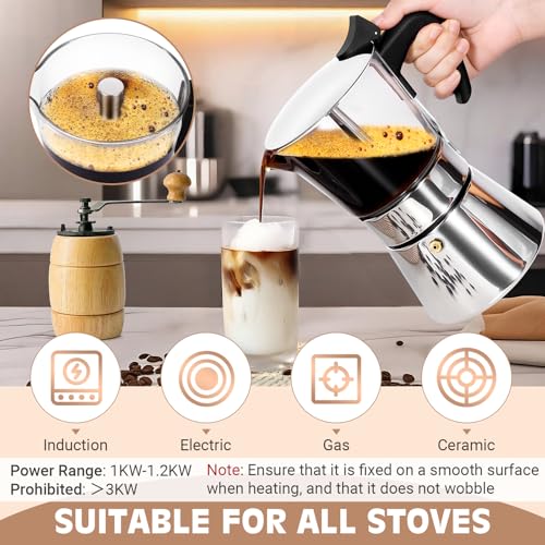 Image of Induction Moka Pot, 9 Cups (15.9 oz) Crystal Glass-Top & Stainless Steel Moka Pot, Classic Stovetop Espresso Maker, Silver