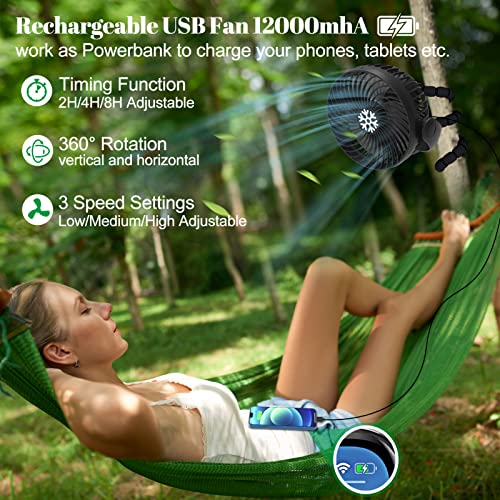 Portable Fan For Travel - 12000Mah Battery Operated Stroller Fan As Power Bank For Phones - Flexible Camping Fan With Timer And Led Light- Usb Rechargeable Fan Clip On For Desk,Car,Treadmill, Bedroom #TOP1