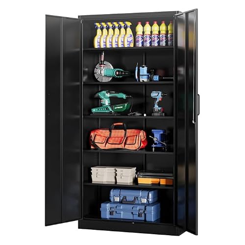 AFAIF Metal Garage Cabinets, 72\" Tall Locking Storage Cabinets with 2 Doors and 5 Adjustable Shelves, Steel Utility Tool Cabinet, Black Lockable Outdoor Storage Cabinet for Pantry, Garage, Home Office