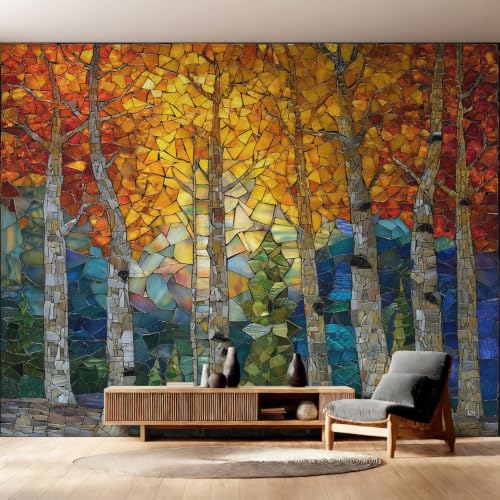 Papier peint arbre de ginkgo cache les défauts des murs du salon - 4