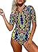 Aleumdr Womens Zip Front Printed Half Sleeve One Piece Swimsuit Rash Guard Swimwear Color Blocked Plus Size XL Size Multicoloured