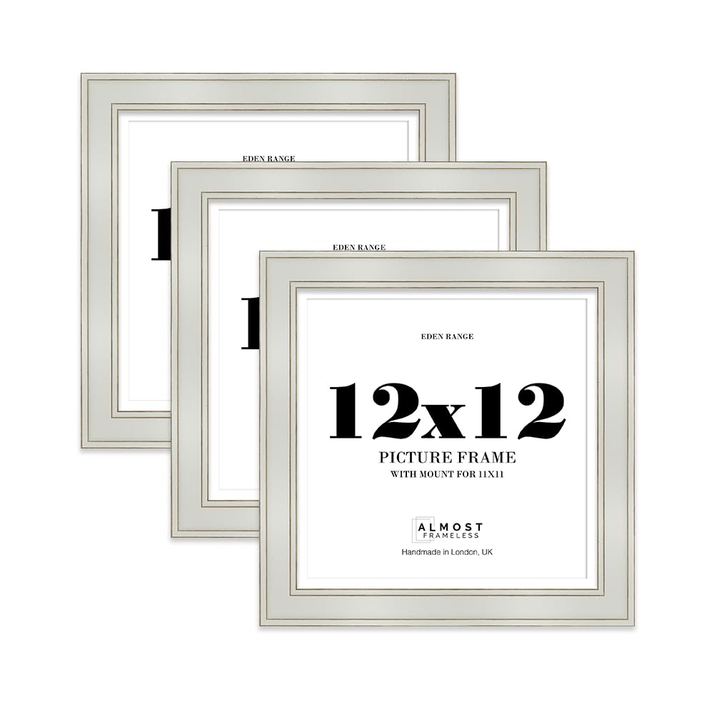 12x12" Light Grey Square Picture Frame with 11x11" Mount - Shabby Chic Photo Frame with Distressed Finish, Gold Trim, Wall Hooks and Kickstand, 37mm Edge - 3 Pack