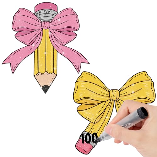 Image of Back to School Cutouts - 100Pcs Pencil Bow Glitter Paper Cut-Out with Glue Points Bulk Bow Cut-Outs for First Day of School Bulletin Board Classroom Party DIY Craft Supplies Chalkboard Door Wall Decor