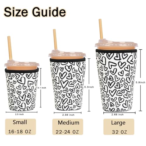 Image of Reusable Insulated Sleeve for Iced Coffee Cup, 3-Pack Coffee Neoprene Drink Sleeve for Cold & Hot Drinks, Beverage Holder for Iced Coffee (Ink Hearts)
