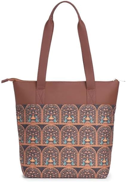 Women’s Printed Jute & Vegan Leather Tote Bag – Handcrafted Shoulder Handbag, Spacious Everyday Work Bag for Office, Travel & Daily Use