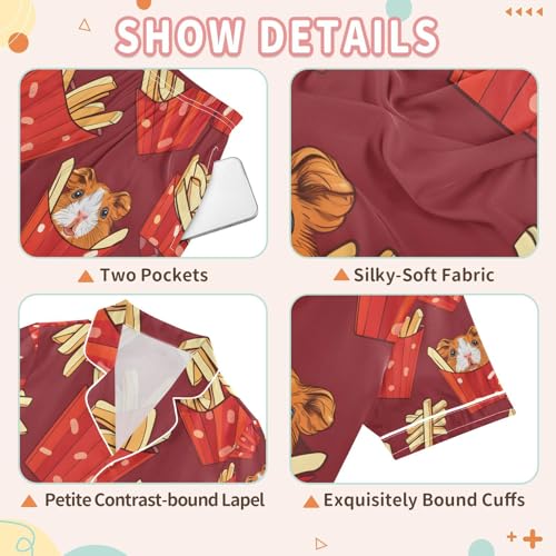 Guinea Pig French Fries Satin Summer Pajama Sets Silk Short Sleeve Button Down Sleepwear3