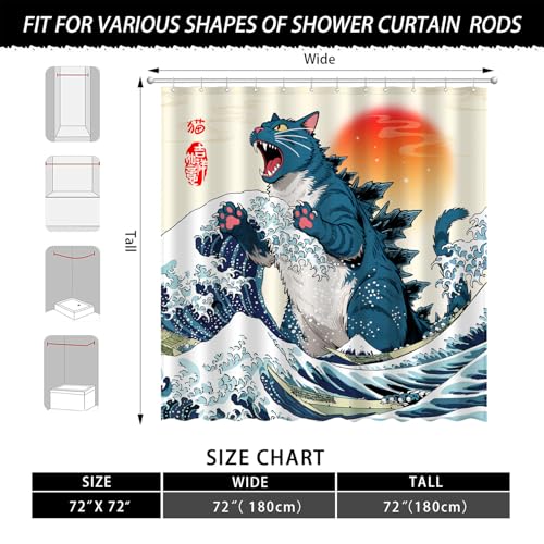 Image of Funny Blue Cat Monster Shower Curtain Set, Japanese Anime Sunset Ocean Waves Home Bathroom Decor, Polyester Cloth Fabric Bath Curtain with 12 Hooks 72 inch W x 72 inch L