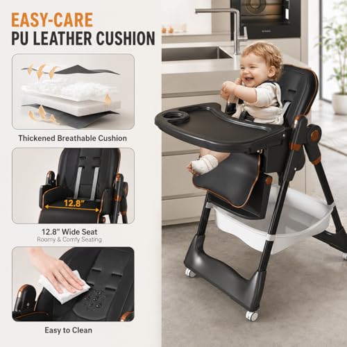 Image of Baby High Chair for Babies and Toddlers, Foldable Feeding Chair with Wheels, Adjustable Seat Height, Backrest, Footrest, Removable Tray, PU Cushion, 5-Point Harness, Black