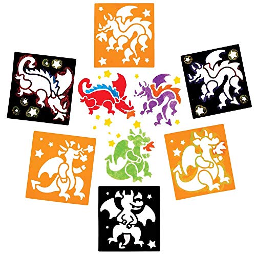 Baker Ross FE246 Dragon Stencils - Juego de 8 plantillas de plástico para niños, juego de arte para niños para crear y diseñar libros, tarjetas e imágenes temáticas