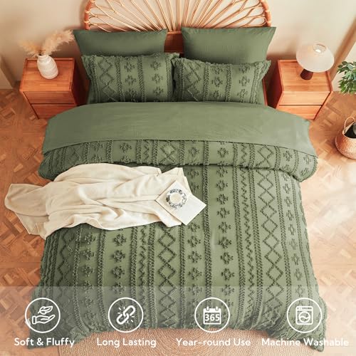 Image of MR&HM Olive Green Boho Comforter Set Queen, Tufted Boho Bedding Set, Farmhouse Shabby Chic Bed in a Bag with 1 Comforter, 2 Pillow Shams, 2 Pillowcases, 1 Flat Sheet, 1 Fitted Sheet for All Seasons