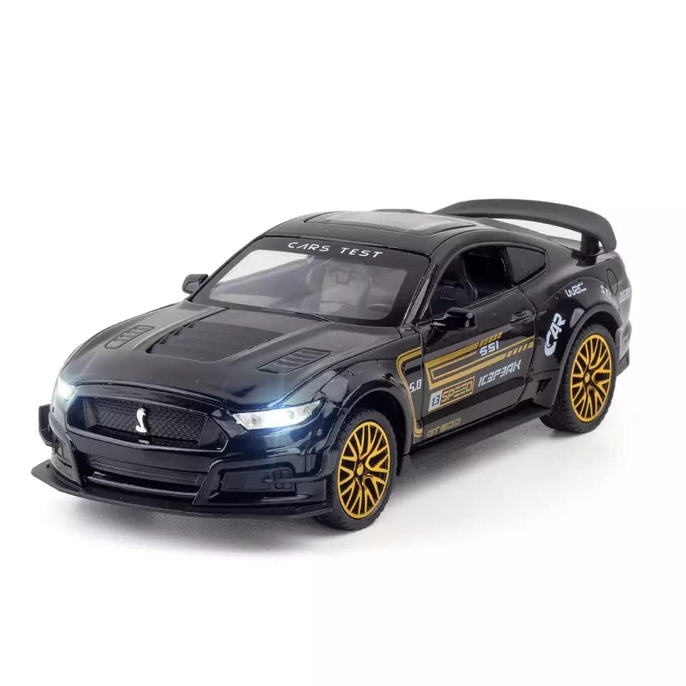 Image of Diecast Metal Model Car 1:32 Scale Mustang GT500 Toy Cars for Kids Sound Light and Pull Back (Black)