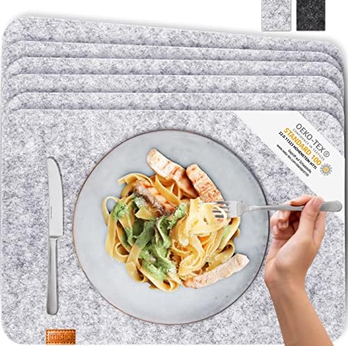 Placemats Set of 6 Felt Tablemats - Felt & Leather - Washable | Set of 6 Felt Placemats 13 in x 17,3 in | Table Mats for Table Decoration | Light Grey