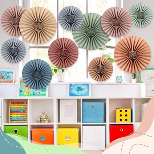 Image of 18 Pcs Sage Green Brown Boho Hanging Paper Fans Decor Back to School Paper Fans Round Garlands Bulletin Board Classroom Decorations for Party Supplies Classroom Decor