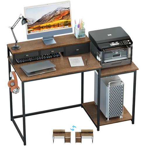 SINPAID 47 inch Computer Desk with Printer Shelf, Gaming Desk with Monitor Stand and Drawers, Reversible Home Office Desk with Storage Shelves and 2 Hooks, Home Workstation for Study Writing, Walnut