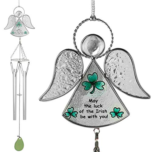 Irish Angel Wind Chimes Green Shamrocks with The Inscription May The Luck of The Irish be with You