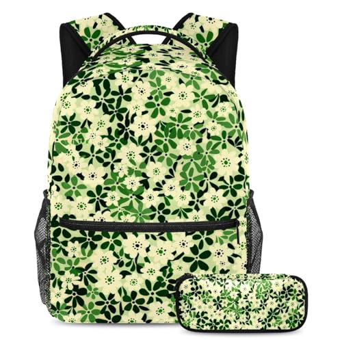 Ensemble cartable motif fleurs vertes avec trousse scolaire étudiants mixtes