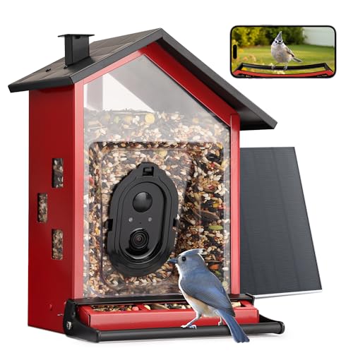 TT Nature Smart Bird Feeder with Camera Heavy-Duty Chew-Proof Metal Casing Solar Powered AI Identify Bird Species & Instant Notifications 3.2L Large Capacity Bird Watching Gift Red