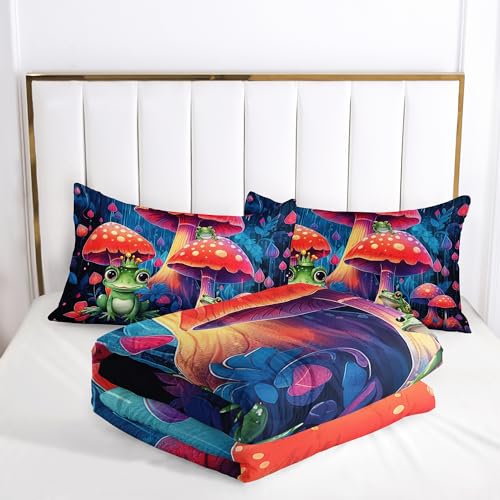 Image of AILONEN Red Mushroom Comforter Set, Boys Girls Twin Size Bed in a Bag,Cute Cartoon Frog Print Bedding Nature Forest Wild Fungus Comforter Set 3 Pieces, 1 Quilt and 2 Pillowcases