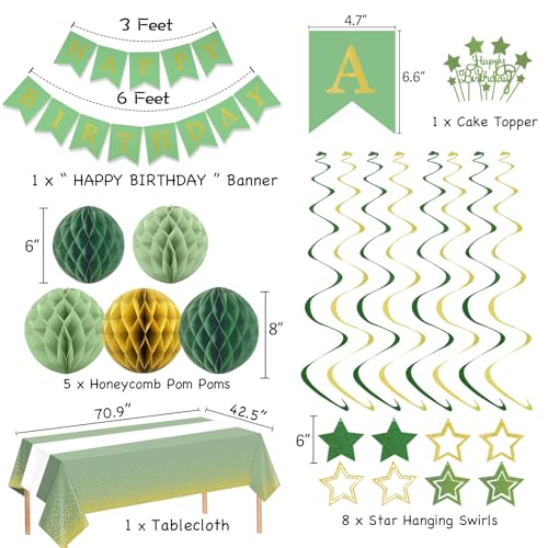 Image of Sage Green Gold Birthday Party Decorations Supplies Happy Birthday Banner Honeycomb Balls Fringe Curtain Foil Balloons Hanging Swirls Cake Topper Tablecloth Party Supplies for Women Girls