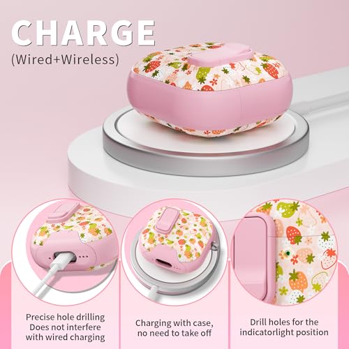 Image of for AirPods 4 Case with Safty Lock & Phone Stand,Cute Floral Pattern Style | PC & TPU Dual Layer Protective Cover with Keychain & Cleaner Pen for Apple AirPod 4th Generation 2024 Women (Strawberry)