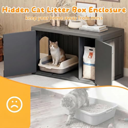 Image of Cat Litter Box Enclosure,Multi-Functional Hidden Litter Box Furniture Cabinet with Adjustable Partition & Side End Table, Indoor Outdoor Cat House with Double Doors,Easy to Clean & Assemble, Black