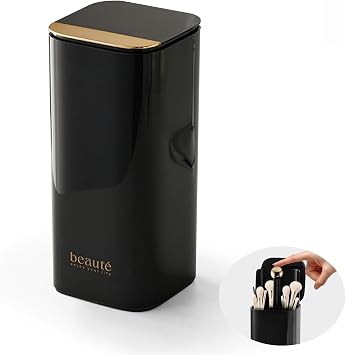 DASITON Makeup Brush Holder with Lid,4 Slots Makeup Brush Organizer,Automatic Lifting Makeup Cosmetics Organizer,for Vanity Decor,Bathroom Countertop,Dustproof Cosmetic Brushes ContainerGold-Black