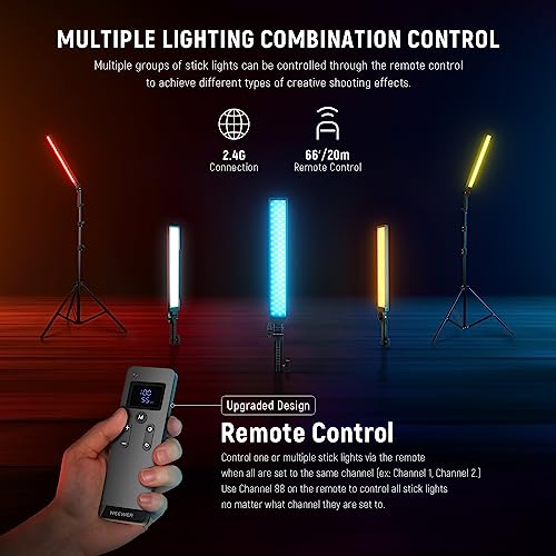 Image of NEEWER Upgraded LED Video Light Stick & 2.4G Remote Kit, 2 Pack Handheld Dimmable 3200K~5600K CRI97+ Video Lighting with Stands /Filters /Bag for YouTube Video Recording Photography Gaming, BH20B Black