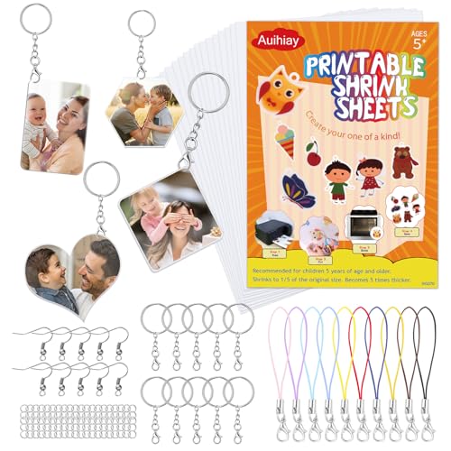 Auihiay 15PCS Printable Shrink Plastic Sheets Kit White Shrink a Dink Paper Shrink Paper with Key Rings Earring Accessories for DIY Craft Mothers Day and Fathers Day (8.5 x 11 inch)