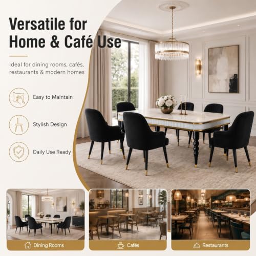 Image of 6-Seater Dining Table Set with Nano Composite Marble Top | Golden PVC Wooden Base | Includes 6 Fabric Upholstered Chairs | 2 Year Warranty | Dining Room Furniture Set for Home