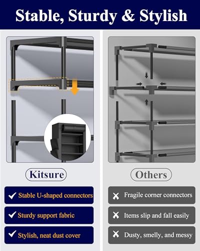 Image of Kitsure Shoe Rack - 10-Tier Large Capacity Shoe Organizer Shelf with Dust Cover & Side Pockets, Rust-Proof Metal Shoe Rack for Closet, Entrance, Living Room, 17.5 inch x 12.4 inch x 69.3 inch, Black