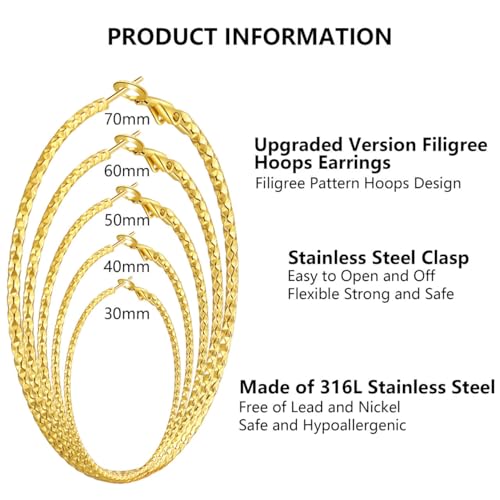 5/10 Pairs Stainless Steel Hoop Earrings for Women Hypoallergenic Large Small 14K Gold Starry Sky Filigree Hoops Silver Hoop Earring Pack Lightweight Fashion Earrings Set3