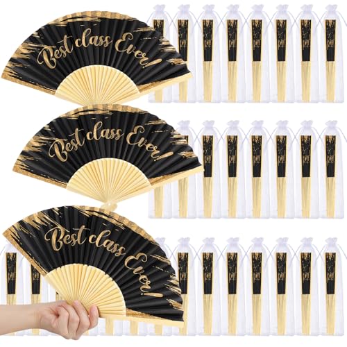 GlikCeil 40 Pcs Class Reunion Party Favors 10 Year Reunion Gifts Hand Folding Fans with Organza Bags Bulk Foldable Paper Black and Gold Fans for Souvenir Party Supplies Ceremony
