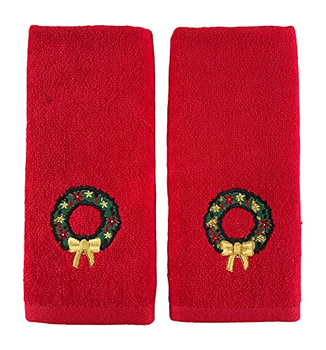 Luxury Christmas Towel Set: Cotton Terry Fingertip Towels, Traditional Green Wreath Gold Bow Design, Set Of 2 #TOP20
