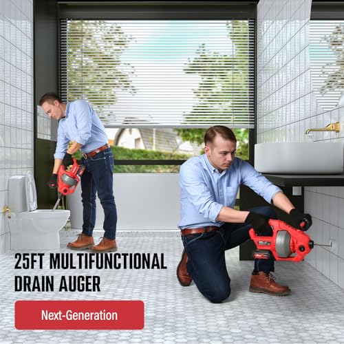 POPULO 20V Cordless Electric Drain Snake, 25Ft Replaceable Cable with 2.0Ah Battery, Extension Tube & Charger, Snake Drain Clog Remover Tool for Toilet, Floor Drain, Sink and Shower 3/4"-2" Pipe