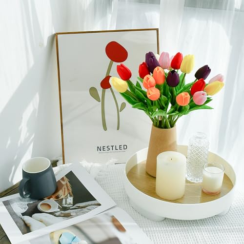 Image of ONLY ART Artificial Multicolor Tulips 20 Pcs - 13.5 Inch PU Faux Flowers with Bendable Stems for Home Decor, Wedding Centerpieces, DIY Floral Arrangements, New Year and Valentine's Day