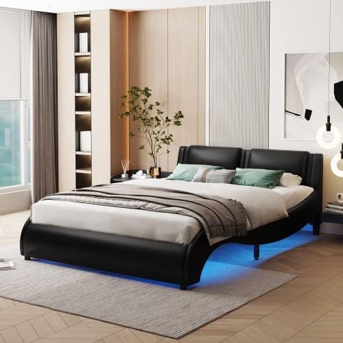 Ochangqi Marco de cama matrimonial con luces LED, moderno marco de cama LED de bajo perfil con cabecero, marco de cama tapizado de piel sintética