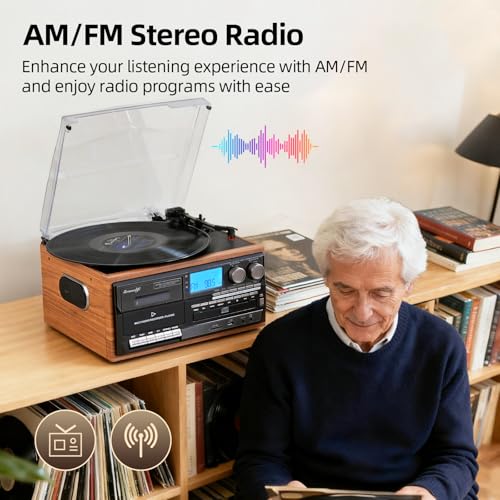 Image of Record Player Built-in Speakers 10 in 1 Vintage Turntable with CD Cassette Tape Player AM FM Radio Function 3 Speed BT Input Output LP Player Support USB SD AUX RCA Playback Auto Stop Retro Wood Brown