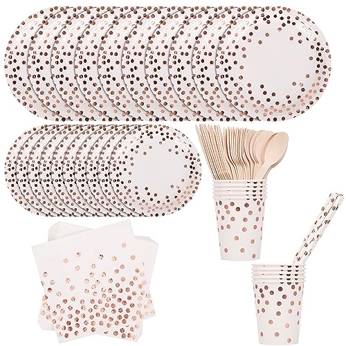 Disposable Party Tableware Set Rose Gold Polka Dot Disposal Dinnerware Set Party Plates Napkins Cups Straws Forks Spoons for Baby Shower Birthday Party Confetti Rose Gold Dot White, 80pcs