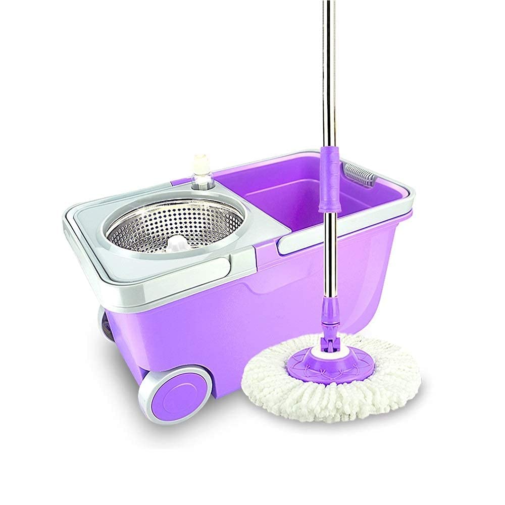 Spin Mop Bucket System Spin Mop Set mocio e secchi con ruote 2 teste mocio in microfibra Mop rotante 360° in acciaio inossidabile pulizia dei pavimenti della cucina casa Secchio Sistema pulizia pavim