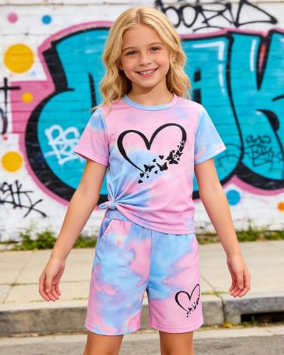 Image of 7-14Y Tween Girl Clothes 2 Piece Short Sleeve Tie Dye Heart Print Top and Shorts Teen Girl Summer Outfits Short Set