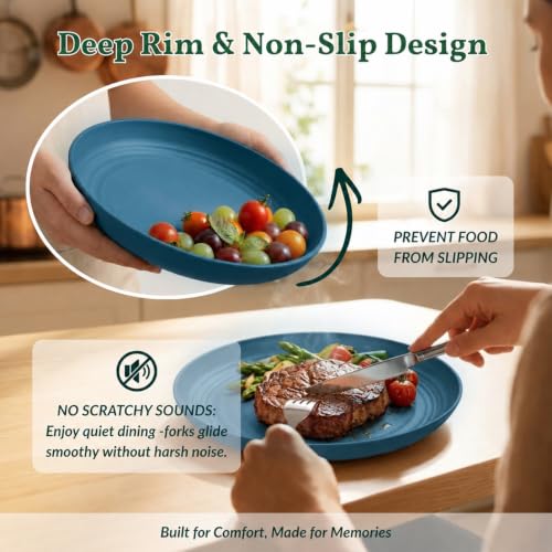 Image of Homienly Unbreakable 8 Pcs Deep Dinner Plates Reusable Plastic Wheat Straw Plates Set Lightweight Kitchen Plates for Salad, Lunch, Dessert, Microwave & Dishwasher Safe Plates for Camping (Blue, 9 In)