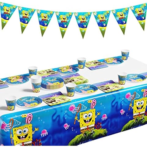 YAOGOO Spongebob Party Tableware 71 Pieces, Spongebob Birthday Party Set, SpongeBob Party Supplies, Bunting, Tablecloth, Plates, Cups, SpongeBob Party Decoration, for Children's Birthday Party Cover