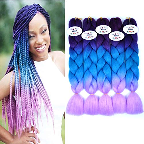 MSBELLE 5 Pcs Synthetic Braiding Hair Extensions Kanekalon Fiber,Ombre Jumbo Braids Hair Bundles for Women,100g/Pcs 24 Inch (60CM) (Purple-Lake Blue-Light Purple)