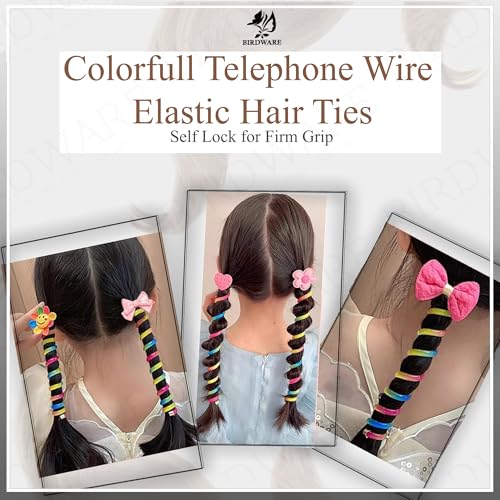 Image of BIRDWARE Rainbow Pack of 5 Colorful Telephone Wire Spiral Hair Ties with Cute Cartoon Designs - Elastic, No-Crease Bands for Kids and Women