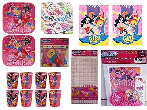 Justice League Girl Birthday Party Supply Bundle Includes Plates, Favor Cups, Napkins, Table Cover, Banner, Invitation, Thank You Notes, Favor Pack, Stickers - 106 Pieces