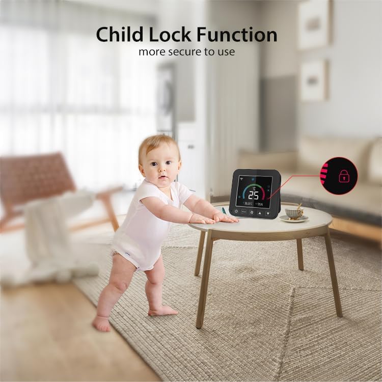 A baby near the SENCKIT controller, illustrating the child lock feature