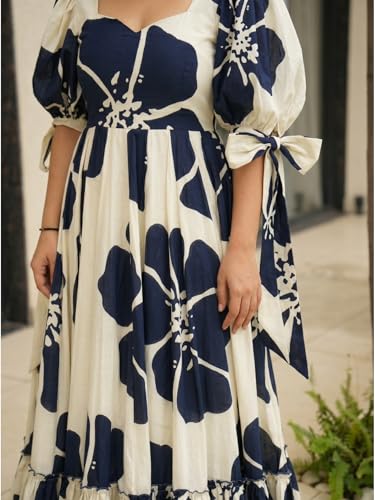 Image of Modestouze Attires Women's Floral Pattern Rayon Blend Maxi Dress with Sweetheart Neck Half Puff Sleeve Floor Length and Zipper Closure Type | Maxi Dress for Women Stylish | Dress for Women