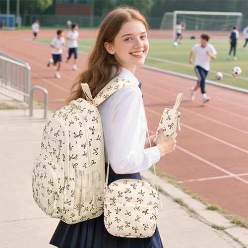 Image of Coquette Bow Backpack - Cute Kawaii Backpack Set Aesthetic Daypack Bow Rucksack (A05 Bow Beige)