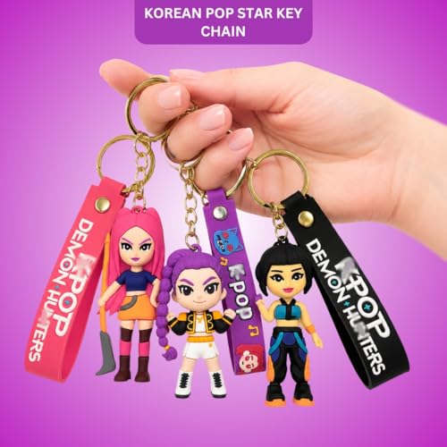 Image of Wanna Party Set of 3 Kpop Demon Hunters Hunterix Cartoon Keychains for Girls, Cute Backpack Key Chain Accessories Wristlet chain Return Gift Items for Girls